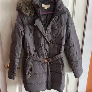 Michael Kors Gray Puffer Jacket with Faux Fur Hood Stay warm in style